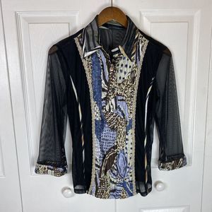 Y2K S Small Mesh Artsy Art To Wear Satin Button Down Shirt Blouse Top Pintuck